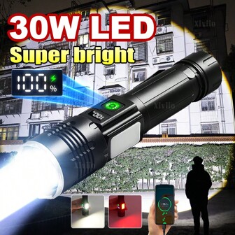 2025 New Product Digital Display White LED Flashlight, 18650 Rechargeable Battery, Long-Lasting Runtime, With COB Side Light, Red Warning Light, 9 Modes Adjustable, Portable Long-Range Floodlight, Small Household Emergency Use, Durable Material, Suitable For Camping, Outdoor Sports, Hiking, Travel