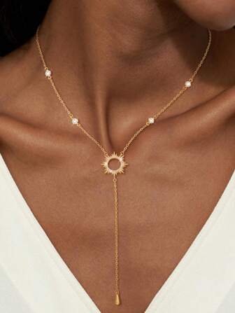 1pc Fashionable Minimalist Stainless Steel 18K Plated Sunflower Pendant Y-Necklace