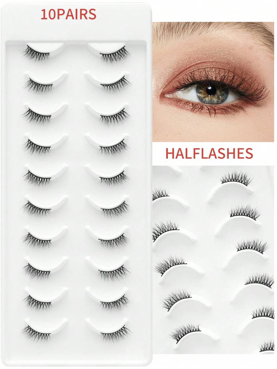 10对阿拉伯猫眼假睫毛 | 清真认证，半长款，防汗，沙漠女王设计，3D眼线效果，提升眼部魅力，适合开斋节/婚礼/正式场合 | 天然浓密纤维簇，耐热高达45°C | 可重复使用20次以上，附赠精美收纳盒 - 黑色 - 查看 1