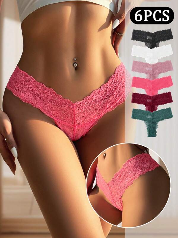 6 Stücke/Pack Sexy Spitzen-Stickerei Tanga Höschen mit niedriger Taille