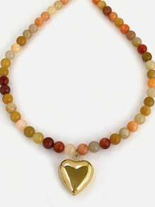 1pc Women Natural Stone Multicolor Mixed Beaded Titanium Steel Heart Pendant Necklace, Suitable For Party, Gathering, Gift, Daily Wear