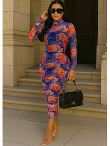 Spill Print Mesh Ruched Midi Dress  Tie Dye  All Over Print  Watercolor    Elegant  Party    Ruched  Split - 紫色/橙色 - 查看 4
