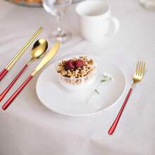 6 Pieces 18/8 Stainless Steel Flatware Set Portable Reusable Cutlery Set Travel Utensils Set Including Chopsticks Knife Fork Spoon Straws Cleaning Brush Dishwasher Safe (Red Golden)