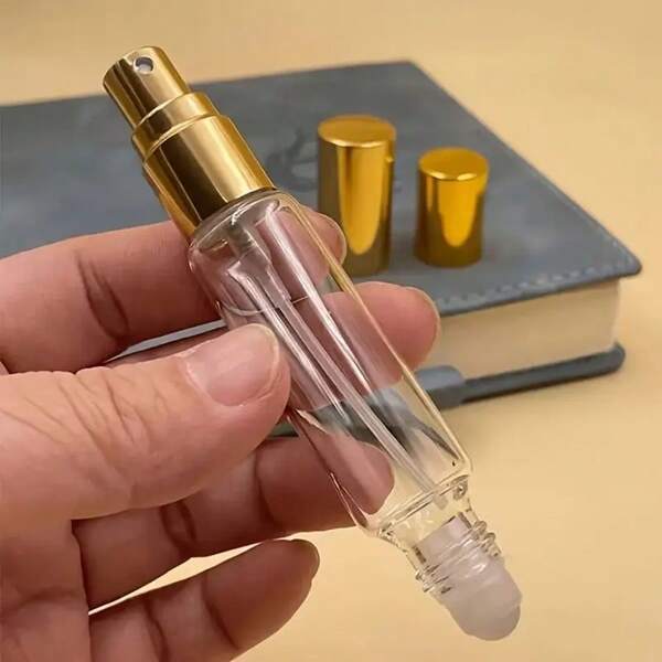 CIMACA 6pcs Set: 2 X 10ml Multi-Purpose Glass Perfume Spray Bottles With Roller Ball, 4 X Refillable Portable Travel Accessory Containers For Perfume, Skin Care Mist, Bathroom Essentials