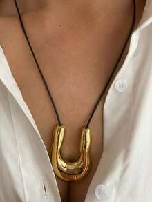 1 件时尚奢华 U 型吊坠黑色皮革表带 18K 金防水简约百搭女士项链