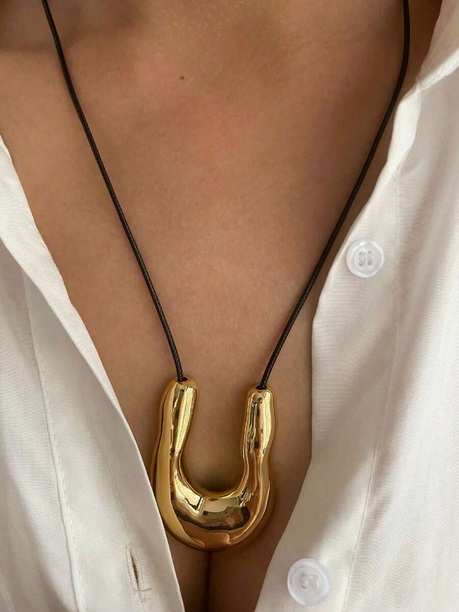 1 件时尚奢华 U 型吊坠黑色皮革表带 18K 金防水简约百搭女士项链