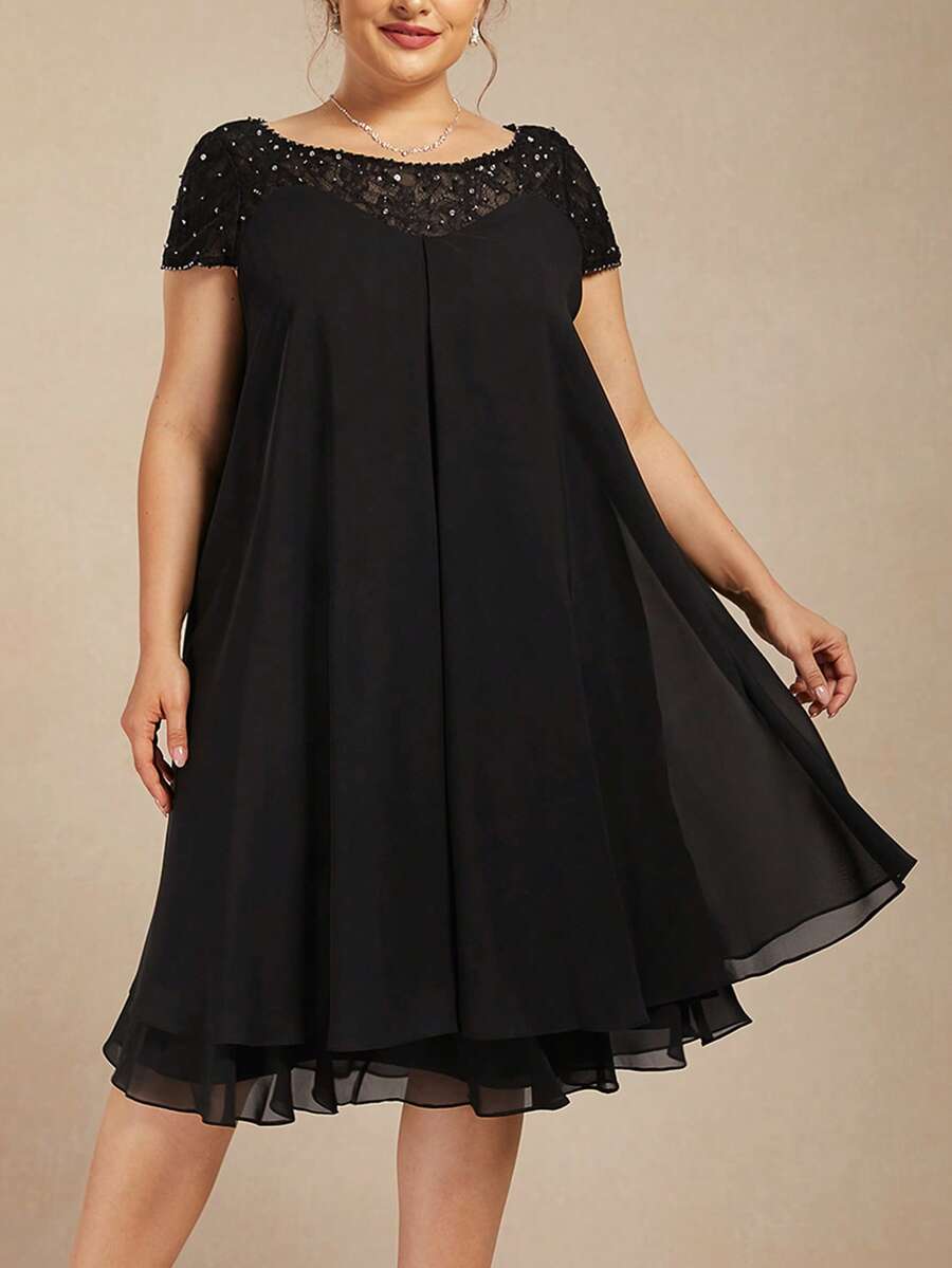 Plus Size Women's Round Neck Short Sleeve Sequin Lace Chiffon A-Line Dress Casual Dress - màu đen - Xem 1
