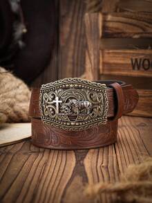 1 件男女通用波西米亚西部风格金属扣复古深棕色 PU 皮带，适合休闲和个性化搭配（含打孔器）