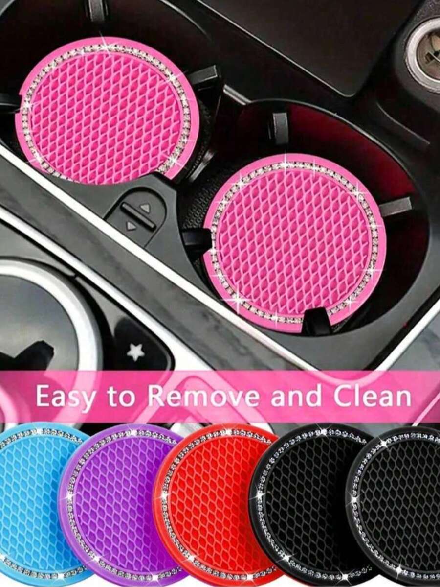 2 Stücke Auto Getränkehalter Untersetzer, Glitzer-Getränkehalter-Einsatz Untersetzer, universelle rutschfeste Getränkehalter Einlage mit eingebetteten Silikon-Kristall-Strass Ornamenten, Auto Innenausstattung Zubehör, 7cm/2,75 Zoll weiches kristallenes Gummipolster Set rund Auto Getränke Untersetzer Auto Innenausstattung Zubehör - Einheitsgröße - Übersicht 1
