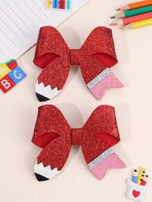 8pcs/2pcs Back To School Colorful Glitter Bow Hair Clips,Pu Leather Pencil School Supplies Hair Bows,Glittery Hair Accessories For Girls Party Gifts - Multicolor - View 12