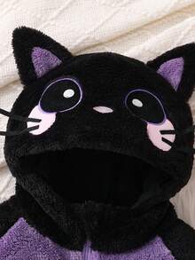 Newborn Baby Boy Girl Animal Costume Infant Cat Cosplay Hooded Bodysuit Toddler Fuzzy Warm Halloween Outfits - 黑色 - 查看 5