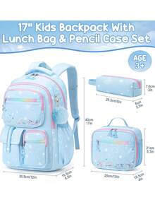 3pc Backpack For Girls, Waterproof Kids Backpack With Lunch Box & Pencil Case Set, Bookbag School Bag, School Supplies For Kids Kindergarten Middle High School Students, Back To School Gift For Daughter Granddaughter Niece Sister Friend - 藍色 - 查看 2