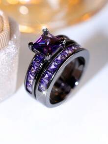 2 件复古公主方形切割紫色合成锆石镀黑戒指套装，适合节日派对、日常佩戴、四季皆宜 - 紫色 - 查看 3