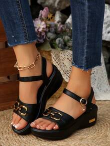 女士夏季时尚亮片装饰带扣露趾厚底凉鞋，舒适休闲户外穿着黑色坡跟厚底拖鞋