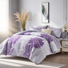 7 Pieces Chic Floral  Printed Bed Comforter Sets, Queen King, Soft And Comfortable Summer Bedding Sets, Bed In A Bag, Hotel Bedroom Room Decoration, 1 Comforter 2/4 Pillowcases, 1 Flat Sheet And 1 Fitted Sheet, Perfect Gift For All Four Seasons - Màu tím - Xem 3