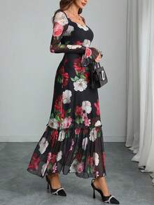 女士哥特式双层优雅印花网纱方领长袖收腰波浪下摆长裙 春假 - 彩色 - 查看 5