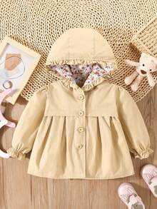 女婴秋冬新款连帽风衣，儿童纯色单排扣外套 - 卡其色 - 查看 1