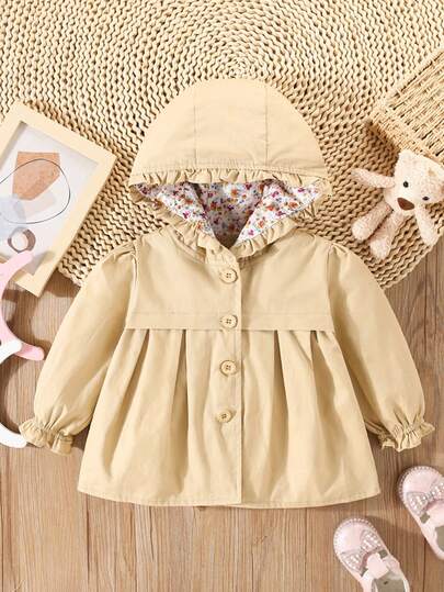 女婴秋冬新款连帽风衣，儿童纯色单排扣外套