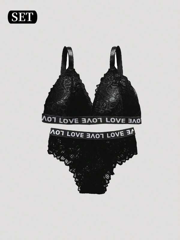 Women's Sexy Lace Letter Print Bra Set, European & American Style