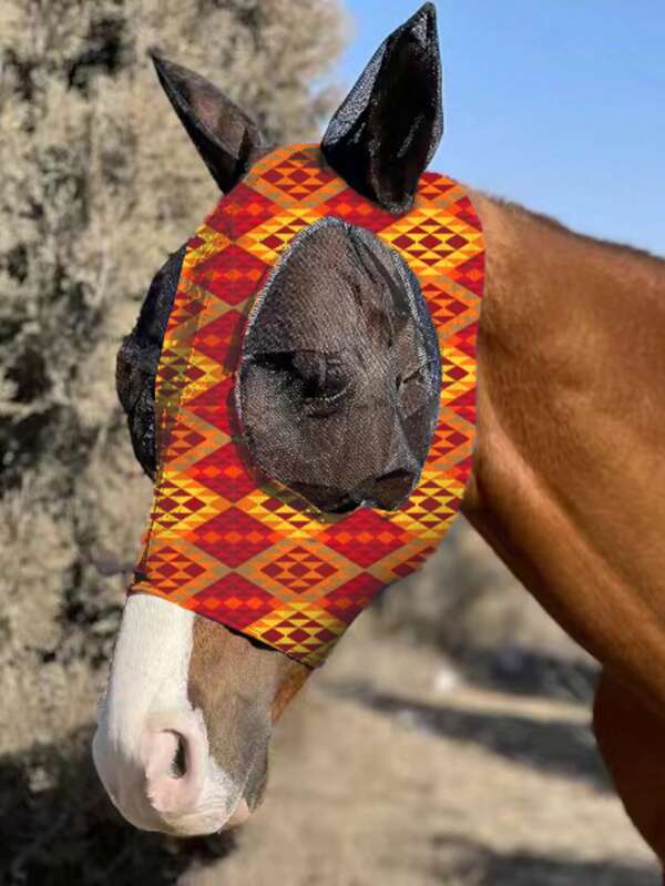 Red Print Horse Face Mask, Comfortable Horse Ear Mask, UV Protection And Breathable, Suitable For Small Pony (M; Cob)