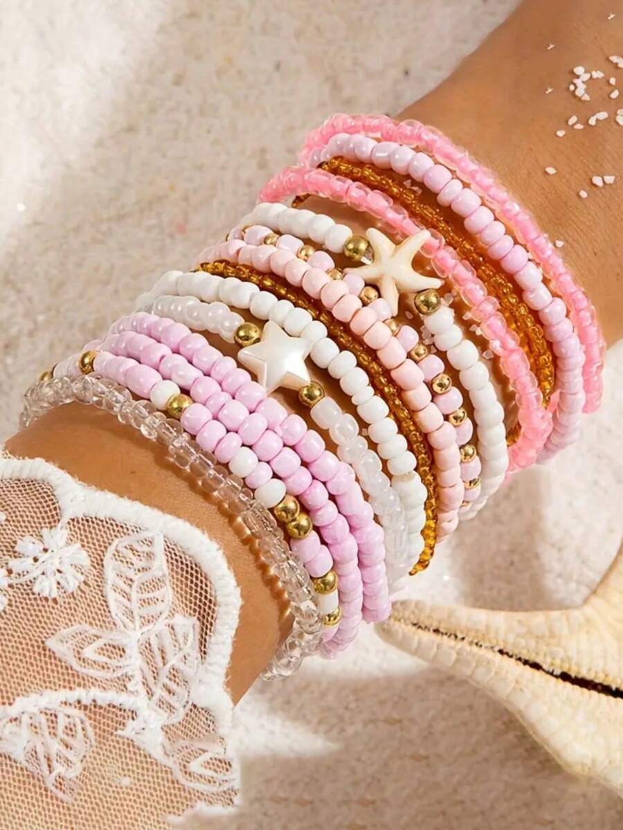 14pcs/Set Creative Rice Pearl Faux Turquoise Starfish Beaded Bracelet Set
