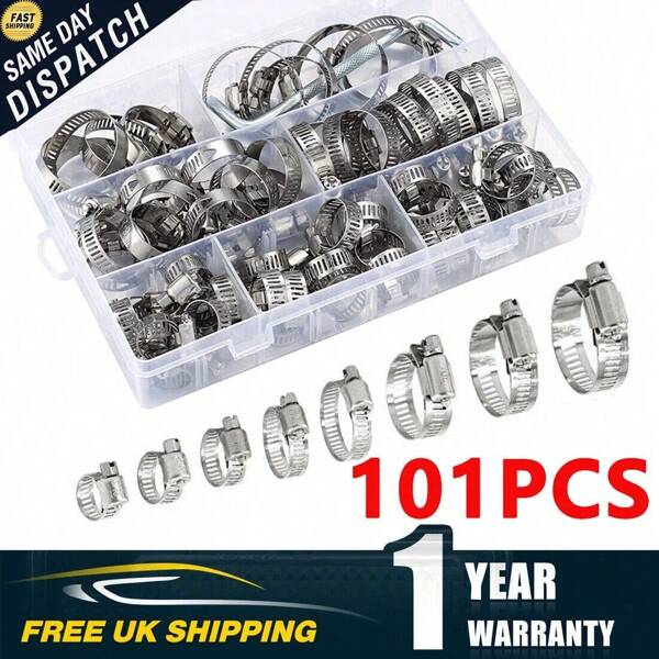 101 Pcs Assorted Stainless Steel Hose Clamp Kit With No Driver Jubilee Clips Set