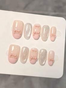 10 Stücke rosa französischer Stil funkelnde Glassperlen für zarte Polka Punkte, klare und transparente dreidimensionale Schleifen, selbstklebende Nägel handgemacht