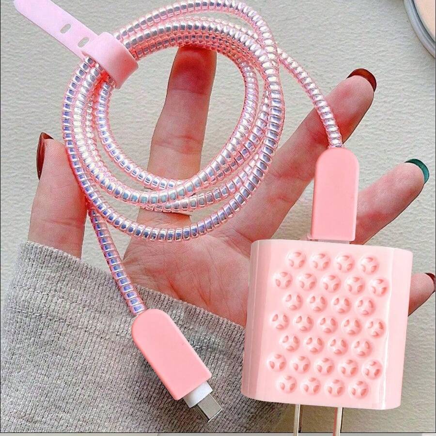 Set de 5 piezas Funda protectora con panal rosa para disipar el calor, compatible con cable de datos Apple, compatible con cargador de 18-20W, accesorios de cargador a prueba de roturas y arañazos, accesorios de teléfono