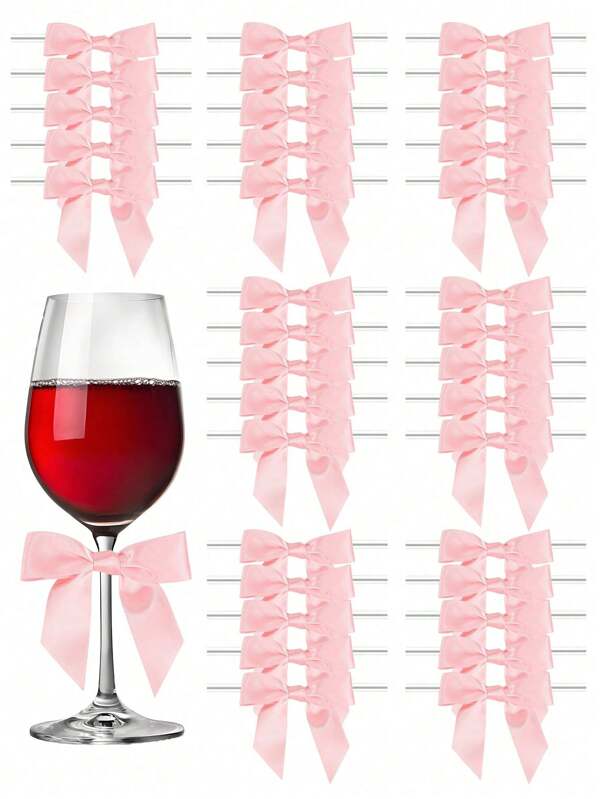 50pcs Pink Twist Tie Bows, Pre-Tie Ribbon Bow Tie Satin For Family Gathering, Banquet, Wedding, Bridal Shower, BabyShower, Table Layout, Craft Diy, Cake Treat Bag, Birthday Gift Wrapping, Champagne Bottle, Wine Glass, Goblet Bow Ornamental, Party Decorative