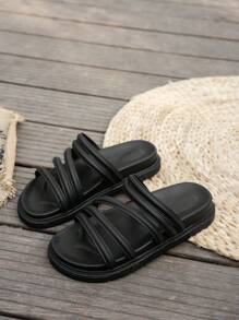 Sandalias de plataforma negras impermeables y de suela gruesa para mujer, estilo playa y romano, con suela plana de unicolor para uso en exteriores en verano