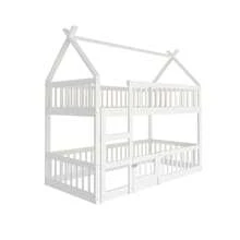 okwish Letto a castello con scala, letto a soppalco con protezione anticaduta, letto in legno massello, struttura per letto per bambini con rete a doghe (letto inferiore senza rete a doghe), bianco/grigio