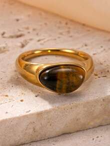 1 件复古不锈钢铸虎眼石几何方形心形泪珠戒指，经典单环设计，适合情侣，珠宝礼物 - 金黃色 - 查看 9