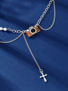 1 Pc Stylish Silvery Chain Camera Cross Charm Collar Necklace For Women School Party Daily Prom Jewelry Accessories