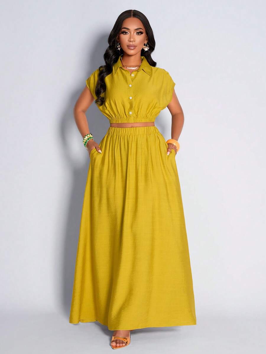 Amarilo Turmeric Sleeveless Gathered Top With Elegant Skirt, Casual And Elegant Style, Suitable For Small Gatherings, Commuting, Daily Life; Elegant And Ladylike Style, The Latest Spring And Summer Women's Daily Simple Style Suit