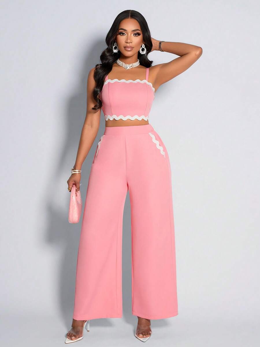 AIJ Amarilo Women's Pink Sweet White Ruffle Trim Cropped Cami And Wide Leg Pants 2 Pieces Casual Vacation Chic Outfit - Pink - View 1