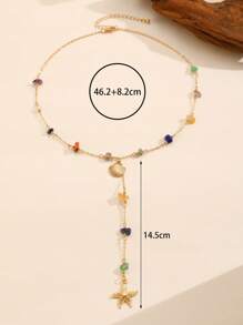 1pc Elegant Randomized Colored Stone Chain, Starfish Shell Pendant, Y-Necklace, Women Fashion Jewelry Suitable For Beach Vacation