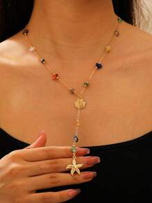 1pc Elegant Randomized Colored Stone Chain, Starfish Shell Pendant, Y-Necklace, Women Fashion Jewelry Suitable For Beach Vacation