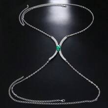 Vintage Square Green Synthetic Gem Chest Chain Body Jewelry With Shiny Transparent Gems - Golden Bikini Top Accessory, Suitable For Women's Daily Wear And Gifts