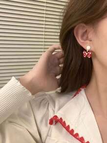 1 par de pendientes personalizados de moda con estampado de lunares rojos y moños multicolor, adecuados para niñas, uso diario y fiestas