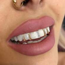 Set de 5 piezas de joyería dental de mujer con incrustaciones de dientes de cobre en estilo punk y hip hop, enchapado en oro de 14k, para combinar, fiestas, vacaciones y Halloween