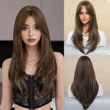 NAMM 24 Inch Elegant Long Layered Wig For Women Highlight Purple Synthetic Straight Wig With Curtain Bangs, High Quality Heat-Resistant Fiber Wigs For Daily Use&Music Festival Party & Mother's Day Gift