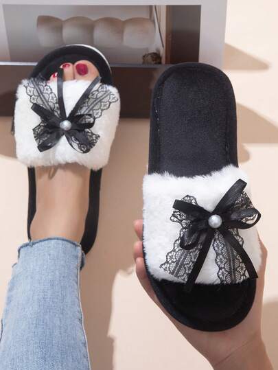 Women's Indoor Slippers With Lace Bow Design, Stylish & Comfortable For Home, All Season