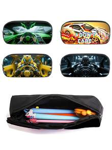 1 件赛车和汽车图案铅笔盒、赛车和汽车印花铅笔盒、带拉链的铅笔盒、男孩铅笔盒、学校返校用品、桌面文具收纳、铅笔袋、书包