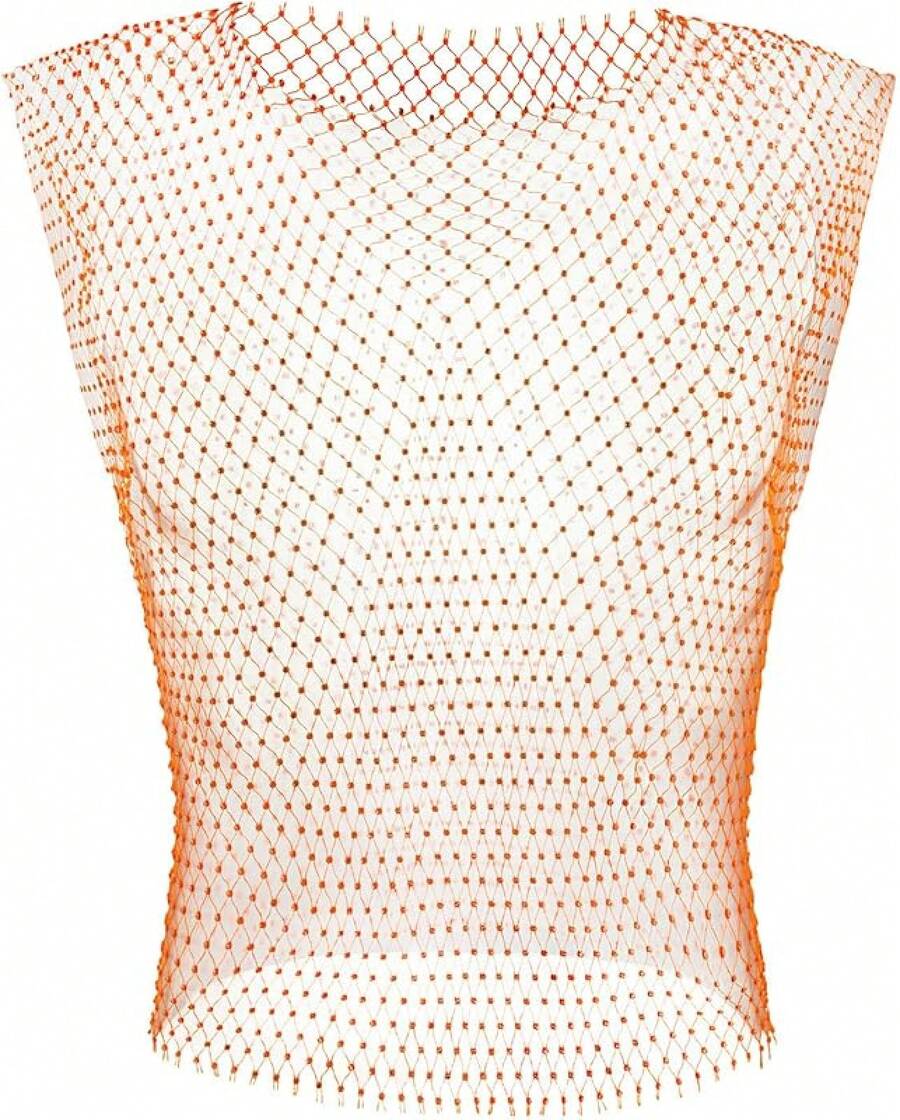 Men's Rave Outfit Sheer Rhinestone Top Sleeveless Tanks Crop Top Fishnet Vest Music Festival Shirthalloween - Orange-top - View 1