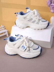 儿童厚底休闲运动鞋春秋季新款软底防滑女童运动鞋，男童透气跑步鞋带钩环，舒适男女通用校园学生宝宝网眼鞋 - 藍色 - 查看 3