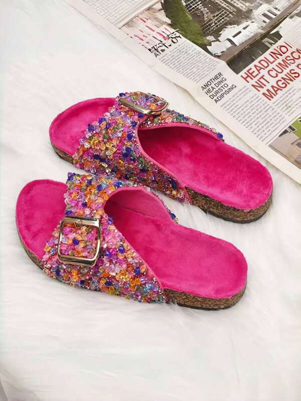 New Style Square Buckle Diamond Sequin Shoes For Leisure Home Vacation And Outdoor Wear Flat Bottomed Slippers Women's Sandals