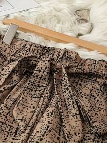 女士优雅波尔卡圆点印花腰部抽绳纸袋腰长裤，休闲 - 芥末黃 - 查看 4