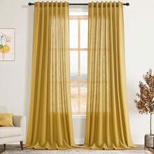 Extra Long Gold Linen Curtains 120 Inch For Living Room 2 Panels Set Rod Pocket Back Tab Light Filtering Semi Sheer Linen Window Drapes Privacy High Ceiling Drapes For Farmhouse 52x120 - Gold - View 1