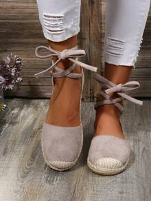 女士平底凉鞋，加大码，罗马风格，系带帆布平底鞋，春秋季 - 灰色 - 查看 4