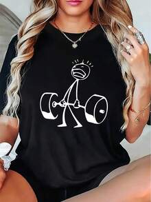 Funny Stick Figure Deadlift Graphic Cotton Tee Women Gym Workout Crew Neck Short Sleeve Loose Fit Black Humorous Fitness Casual Daily Top - 黑色 - 查看 1